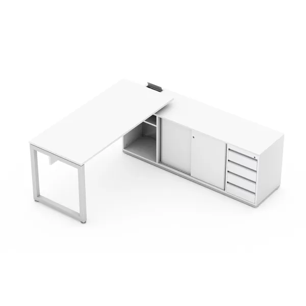 Mesa para escritório reta com armário auxiliar, portas de correr, nicho e gaveteiro